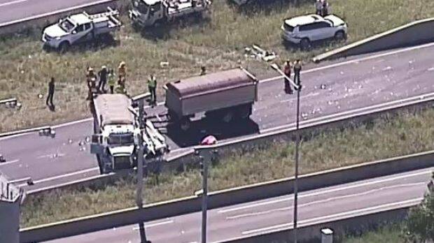 A truck involved in a crash on the M7 at Eastern Creek on Thursday. Photo: Nine News
