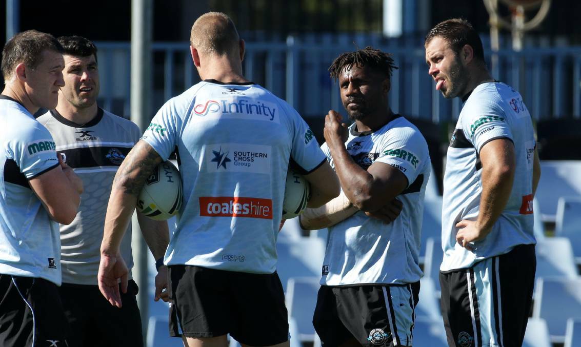 James Segeyaro (second from right) with Paul Gallen, Michael Ennis, Luke Lewis and Wade Graham at Sharks training on Tuesday. Picture: John Veage
