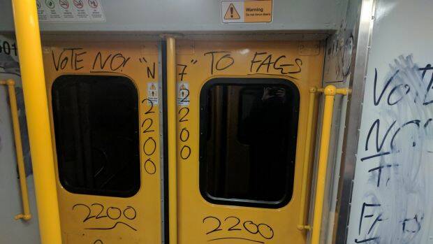 "Vote no to fags": A train carriage in Sydney was vandalised with homophobic graffiti. Photo: Imgur/ecarter6