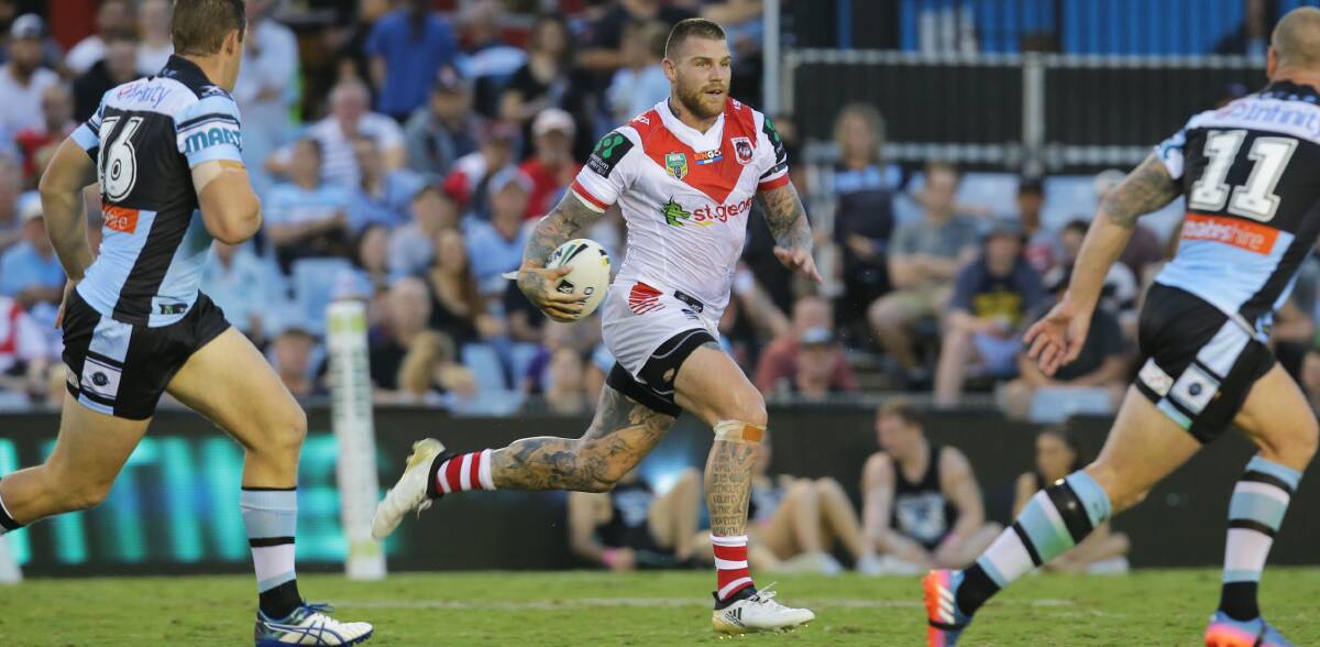 New home: St George Illawarra star Josh Dugan will swap the red v for the black, white and blue when he joins fierce rivals Cronulla next season. Picture: John Veage 