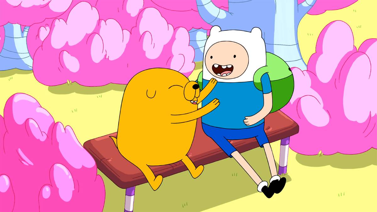 Livin' in the land of Ooo: Jake the Dog and Finn the Human of Adventure Time.