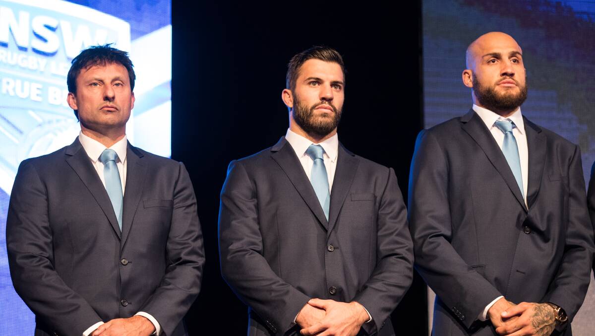 Laurie Daley, James Tedesco and Blake Ferguson will carry the hopes of NSW fans everywhere when they head to Queensland on May 31. Picture: Getty Images