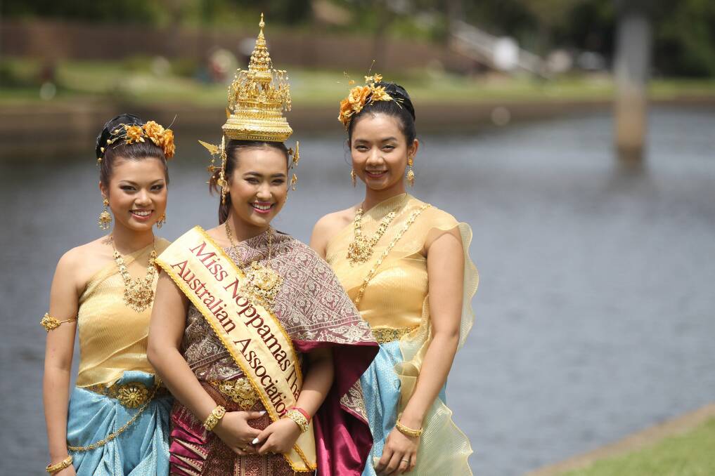Young beauty, ancient traditions: Thai beauties (from left) Parita Nobthai, Miss Noppamas Thai-Australian Association Pangrum Tiangbangloung and Praowthar Thammasiraphop prepare for the festival. Picture: Natalie Roberts