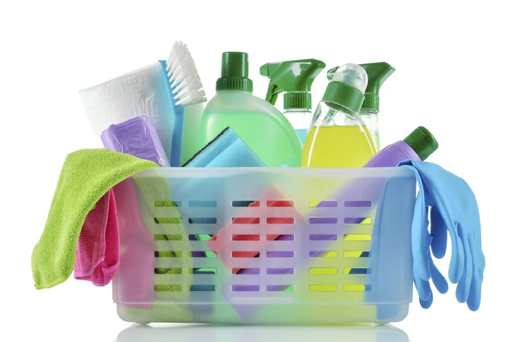 Cleaning products and supplies in a basket. clean, cleaning, spring cleaning