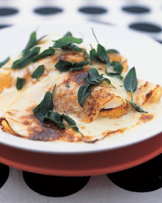 Gratin of crepes with pumpkin, goat's cheese and sage <a href="http://www.goodfood.com.au/good-food/cook/recipe/gratin-of-crepes-with-pumpkin-goats-cheese-and-sage-20130808-2rie3.html"><b>(recipe here).</b></a>