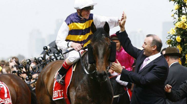 Oh yeah: David Hayes and  Craig Williams after the 2007 Derby win by Kibbutz. Photo: Vince Caligiuri