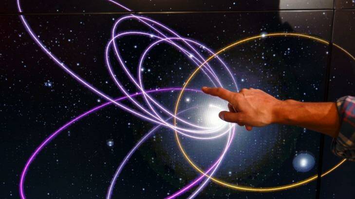 Mike Brown, professor of planetary astronomy at the California Institute of Technology, points to the gold ring showing a potential orbital path of planet nine in relation to the orbits of 'Trans-Neptunian Objects'. Photo: Patrick T. Fallon / The Washington Post