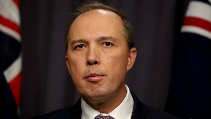 Immigration Minister Peter Dutton at a press conference in Canberra on Tuesday. Photo: Alex Ellinghausen