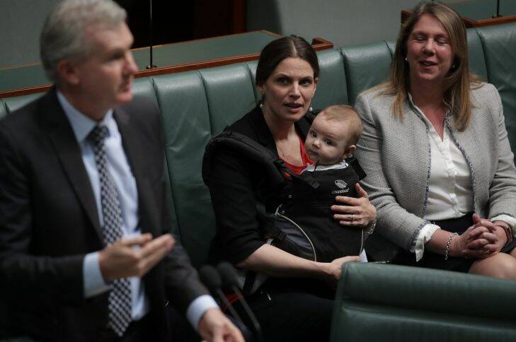 Labor MP Kate Ellis' 4-month-old baby Charlie listens from the frontbench as Manager of Opposition Business Tony Burke tables a document at Parliament House. Photo: Alex Ellinghausen