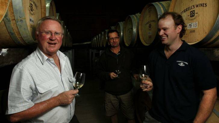 Bruce Tyrrell, Andrew Spinaze and Chris Tyrrell sampling at the winery. Photo: Jonathan Carroll