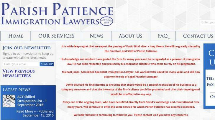 The website of Parish Patience lawyers informs clients of BItel's death. Photo: Supplied