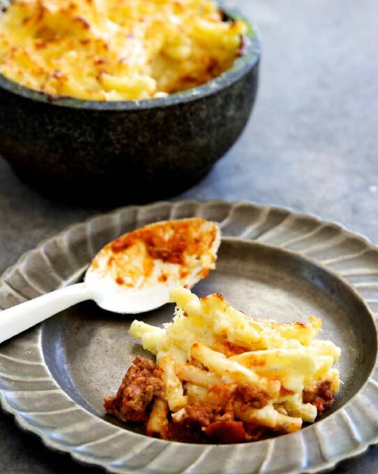 Adam Liaw's macaroni, bolognese and cheese <a href="http://www.goodfood.com.au/good-food/cook/recipe/macaroni-bolognese-and-cheese-20140324-35d9o.html"><b>(RECIPE HERE).</b></a> Photo: Edwina Pickles