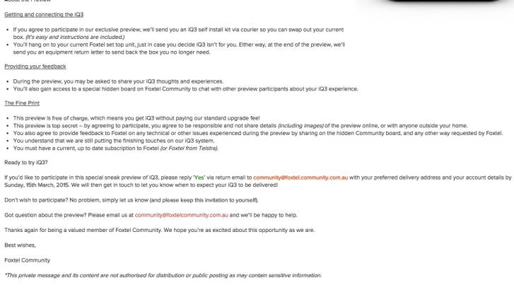 Part of a note Foxtel sent earlier this month to select customers, asking if they could help test the iQ3.