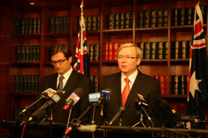 Prime Minister, Kevin Rudd gives a press conference, outlining the government s continued handling of the fallout from the home insulation crisis. Greg Combet, Minister Assisting the Minister for Climate Change, has been appointed to handle the crisis. NEWS -SMH photo by Marco Del Grande SPECIAL 0000000