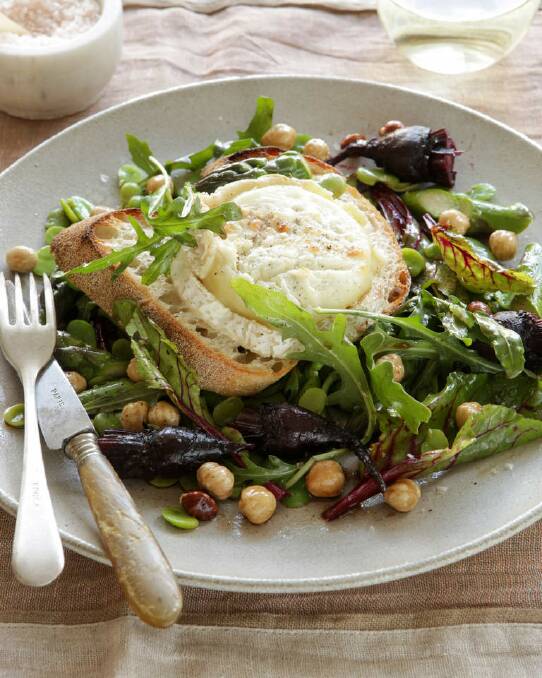 Grilled goat's cheese, roasted beetroot, hazelnuts and broad beans <a href=?http://www.goodfood.com.au/good-food/cook/recipe/grilled-goats-cheese-roasted-beetroot-hazelnuts-and-broad-beans-20111018-29wni.html"><b>(recipe here).</b></a> Photo: Marina Oliphant