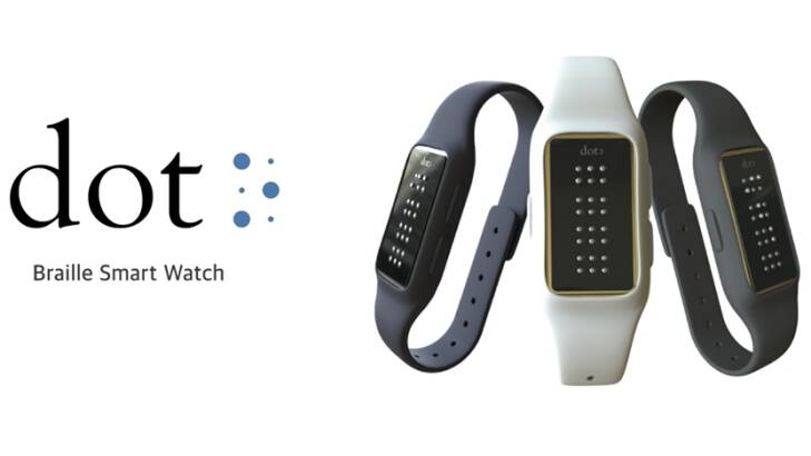 The Dot smartwatch features a refreshable braille display to make phone notification and content readable to the blind. Photo: Dot