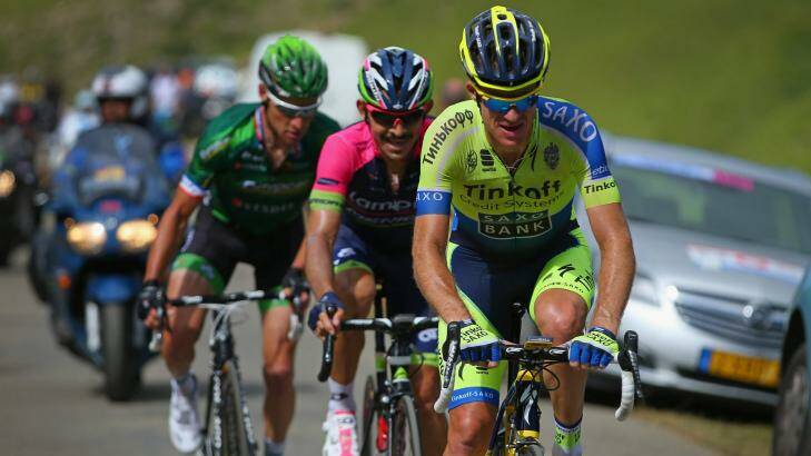 Planning his break ... Michael Rogers of Australia (Tinkoff-Saxo) leads Jose Rodolfo Serpa of Columbia (Lampre-Merida) and Thomas Voeckler of France (Team Europcar) on the climb of the Port de Bales. Photo: Doug Pensinger/Getty Images