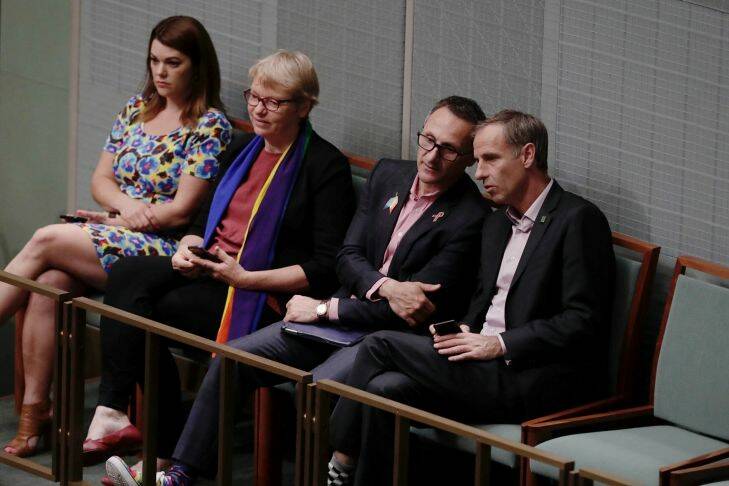 Greens Senators Sarah Hanson-Young, Janet Rice, Richard Di Natale and Nick McKim during debate on the Marriage Amendment Bill at Parliament House. Photo: Alex Ellinghausen
