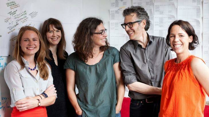 Serial staff: (From left) Dana Chivvis, Emily Condon, Sarah Koenig, Ira Glass and Julie Snyder. Photo: Meredith Heuer/Serial 