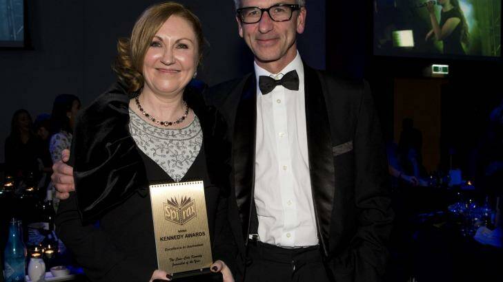Fairfax Media Journalist Adele Ferguson, pictured with Sydney Morning Herald editor-in-chief Darren Goodsir at the Kennedy Awards in August, has been nominated for a Walkley Award. Photo: Ryan Stuart