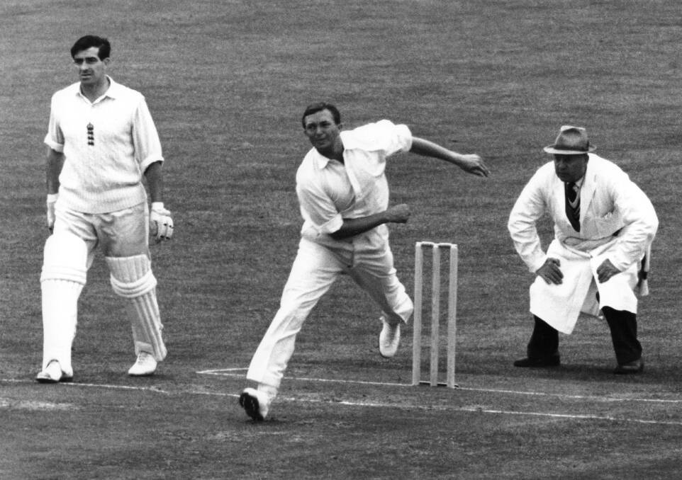 Spin king: Richie Benaud bowling against England at Birmingham in 1961. 
