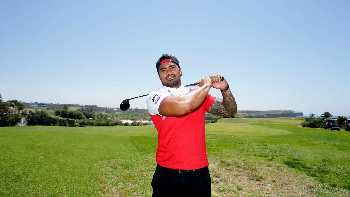 In full swing: Dragons centre Peter Mata'utia at the Dragons annual Golf Day at The Coast Golf Club, Little Bay, on Friday. Picture: Chris Lane. 
