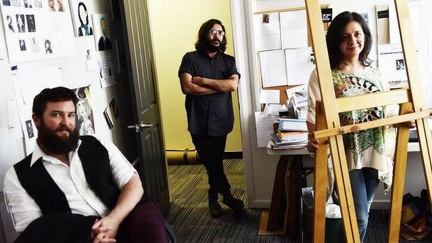 Liam Benson, Hossein Ghaemi and Linda Brescia are artists who use the Parramatta Artists Studio. Photo: Nick Moir
