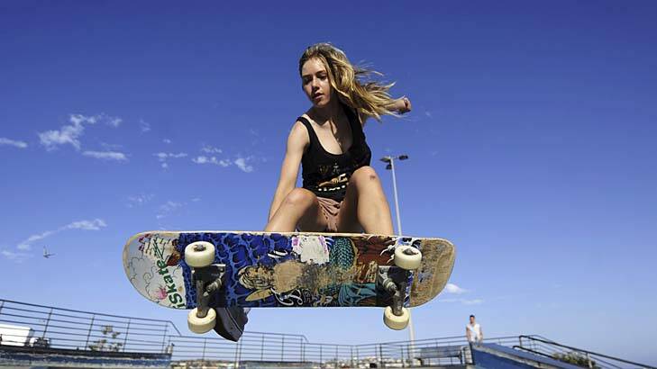 Heads up … Gracie Earl, 15, on her skateboard at the Bondi Beach Skate Bowl.