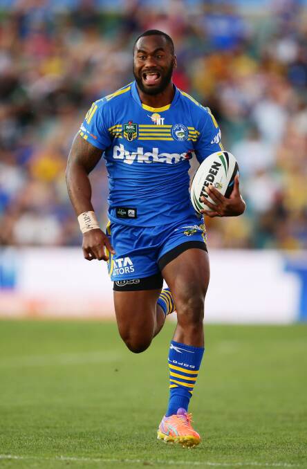 Semi Radradra of the Eels makes a break to score the first try during the round one NRL match between the Parramatta Eels and the New Zealand Warriors at Pirtek Stadium on March 9 in Sydney. Photo: Matt King/Getty Images